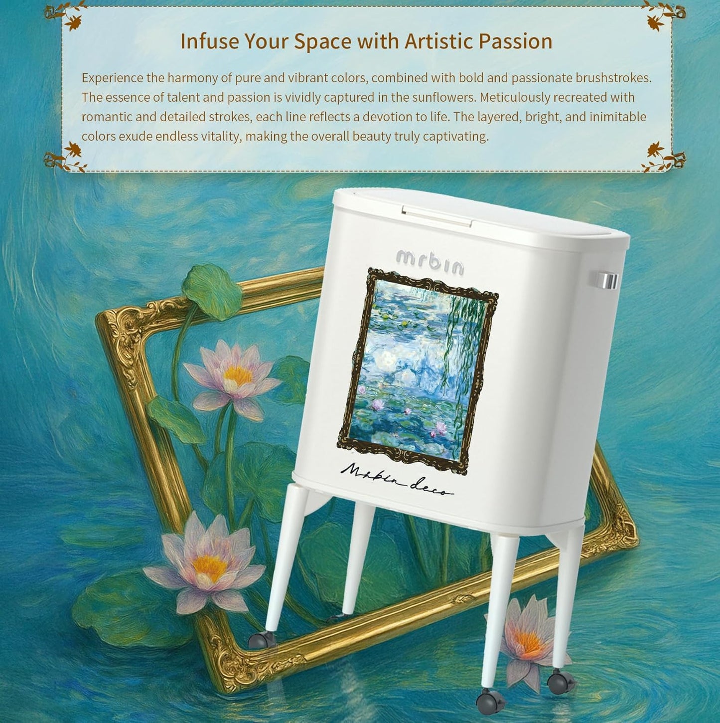 MRBIN Metal Kitchen Trash Can with Wheel Legs, 36L / 9.5gal Medium Press Lid Slim Removable Waste Basket, Pet Proof Tall Narrow Garbage Pail for Vanity, Bedroom, Bathroom, Living Room, Water Lily