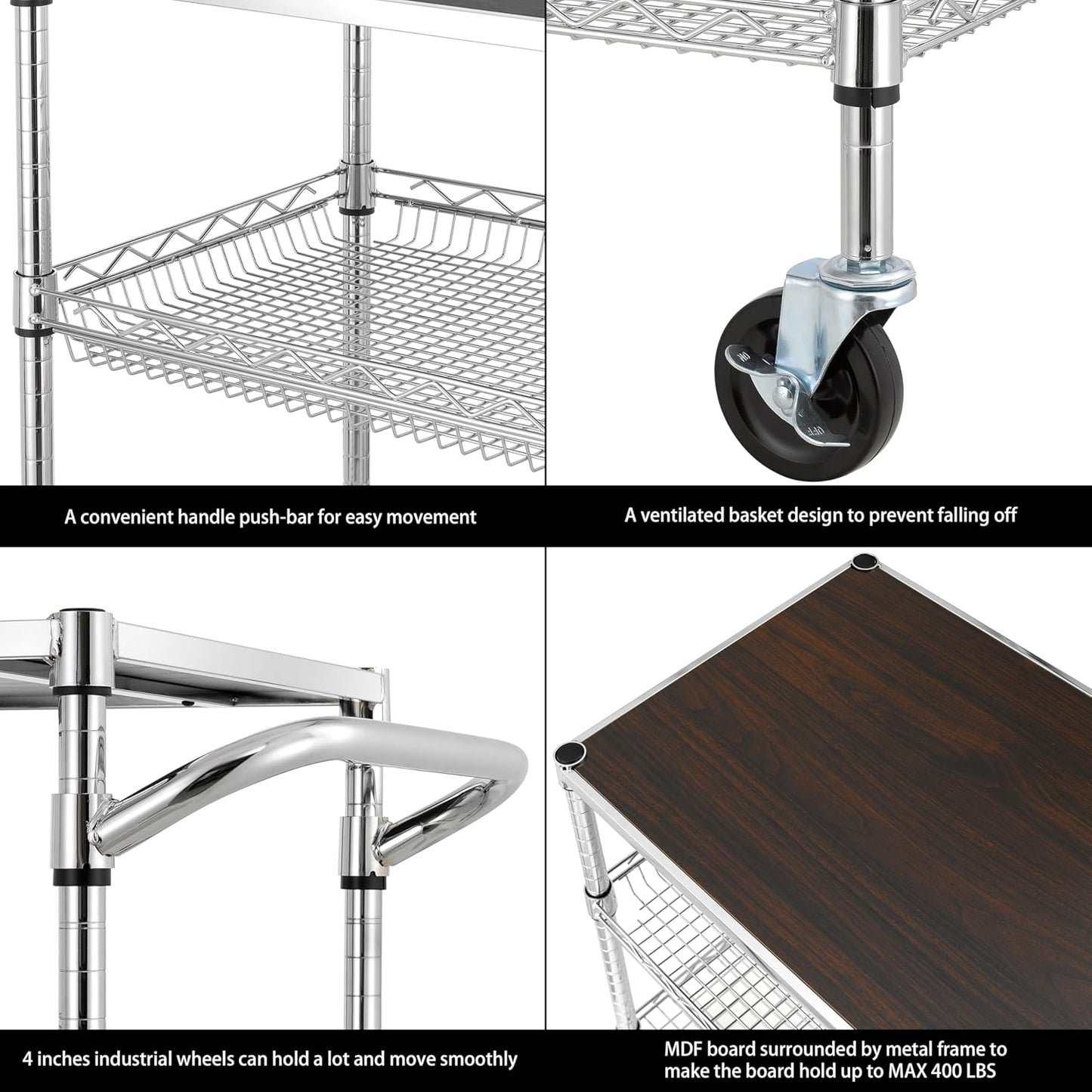 Finnhomy 3 Tier Heavy Duty Commercial Grade Utility Cart with Wood Top, Wire Rolling Cart with Wheels and Handle Bar, Kitchen Carts on Wheels, 18x36x35.4 H Metal Cart with 600 LBS Capacity, Chrome