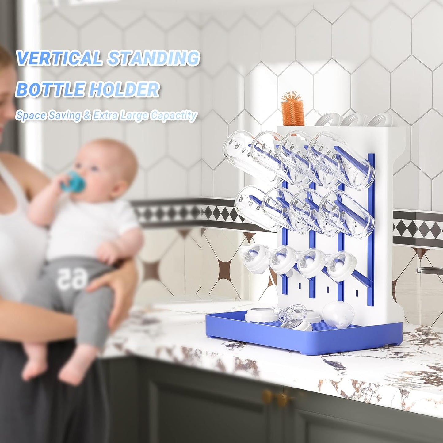 Baby Bottle Drying Rack: Vertical Space Saving Standing Bottle Organizer for Countertop – Holds Glass Baby Bottles, Utensils, Pump Parts, Brushes & Pacifiers, Kitchen – Premium Material (1, Blue)