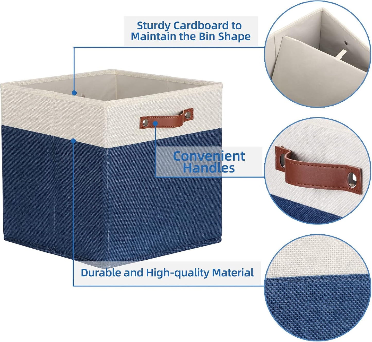 Temary Fabric Storage Bins for Cube Organizer 4 Pack Cube Storage Bins 13 Storage Cubes for Shelves Storage Baskets for Organizing Books, Clothes, Towels (White & Blue, 13x13x13 Inch)