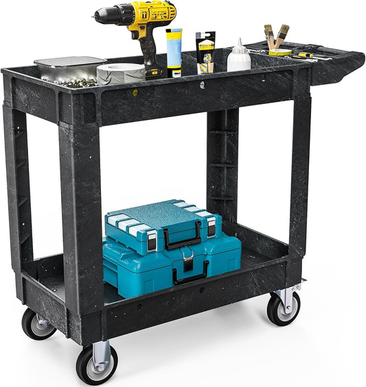 DWVO Utility Cart, 1000 lbs Capacity, 2 Shelf Heavy Duty Plastic Service Utility Cart on Wheels, Rolling Storage Work Carts Suitable for Warehouse, Garage, School & Office, Cleaning, Black