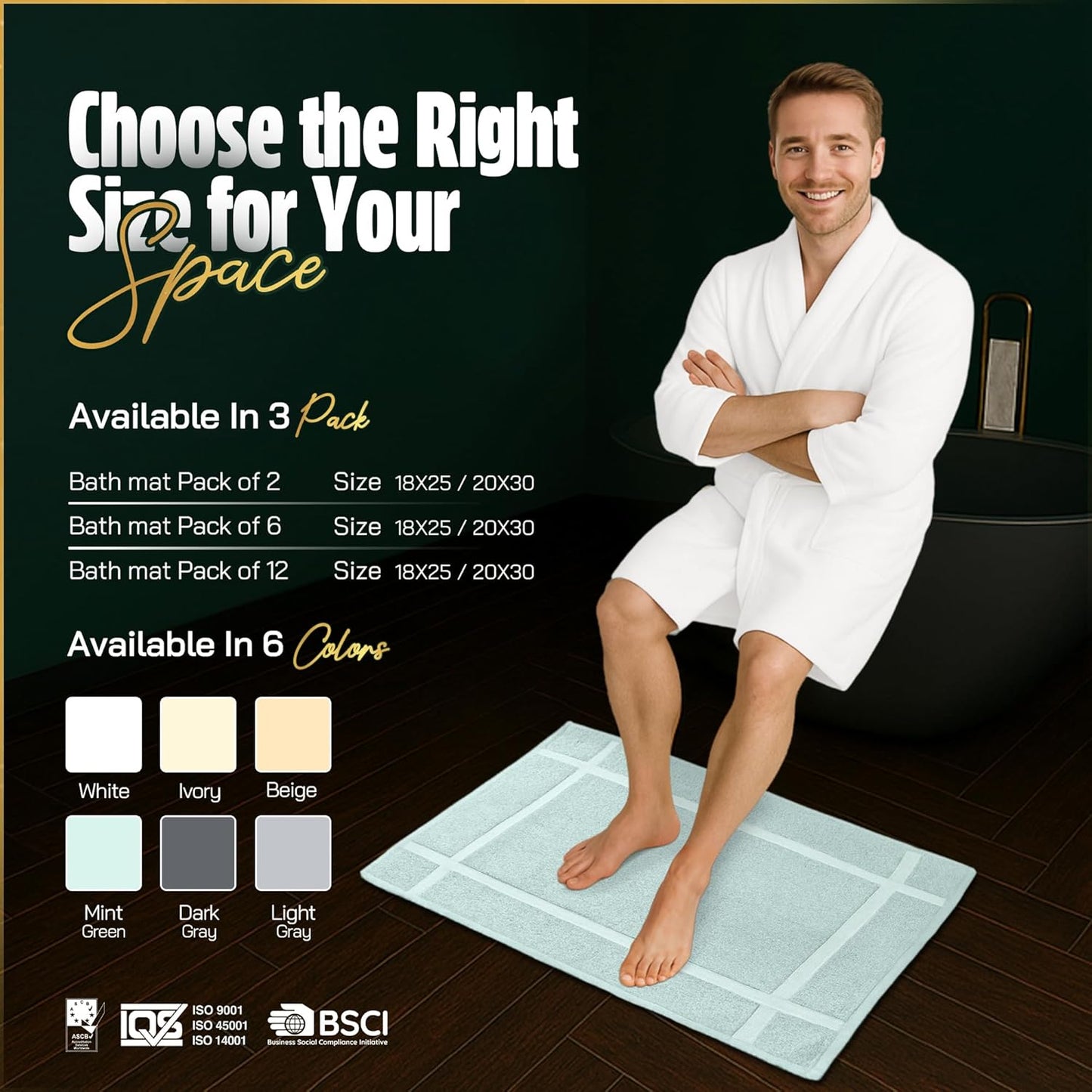 Pearl Linens Pack of 6 100% Cotton Bath Mat 20x30 inches, Soft & Absorbent Quick Dry Bathroom Mat Set, Not Bathroom Rugs, After Shower Mat, Bath Tub Mat, 687 GSM, Machine Washable, Mint Green