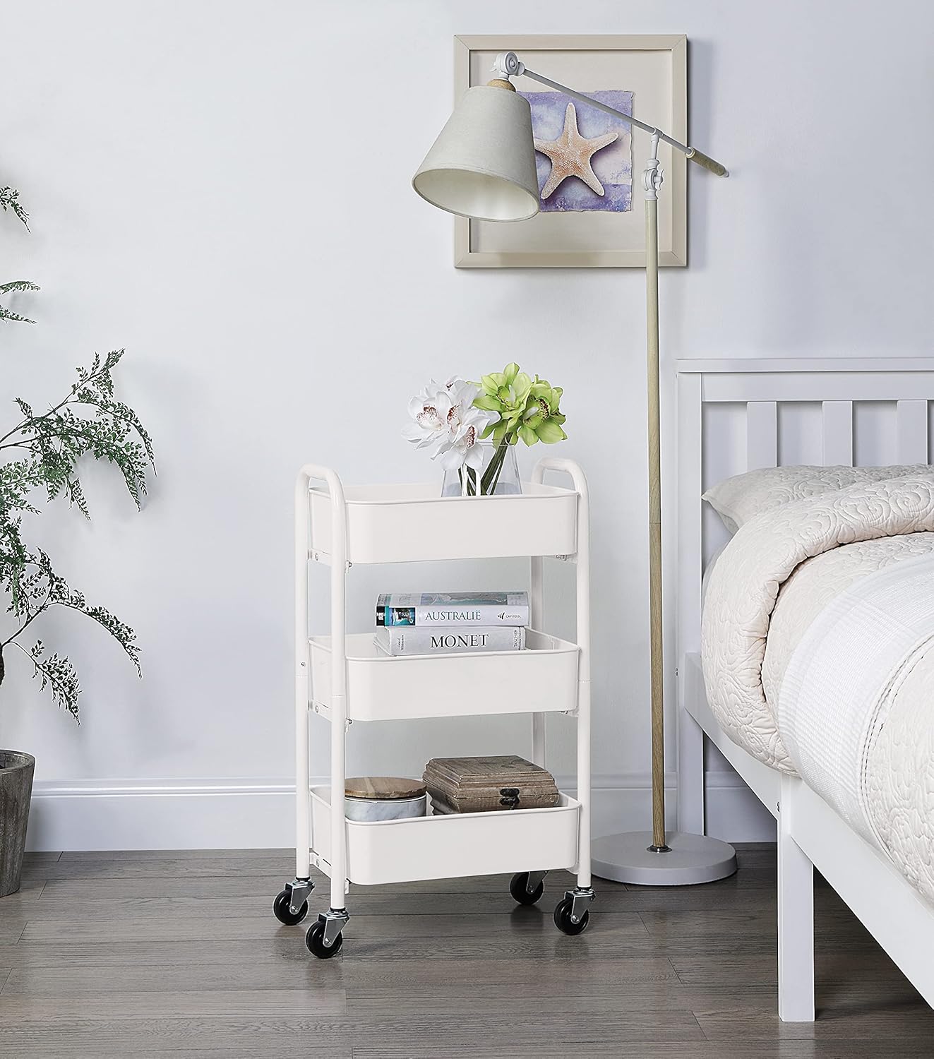 SunnyPoint 3-Tier Delicate Compact Rolling Metal Storage Organizer - Mobile Utility Cart Kitchen/Under Desk Cart with Caster Wheels - WHT (15.35" X 10.24" X 26.8"H)