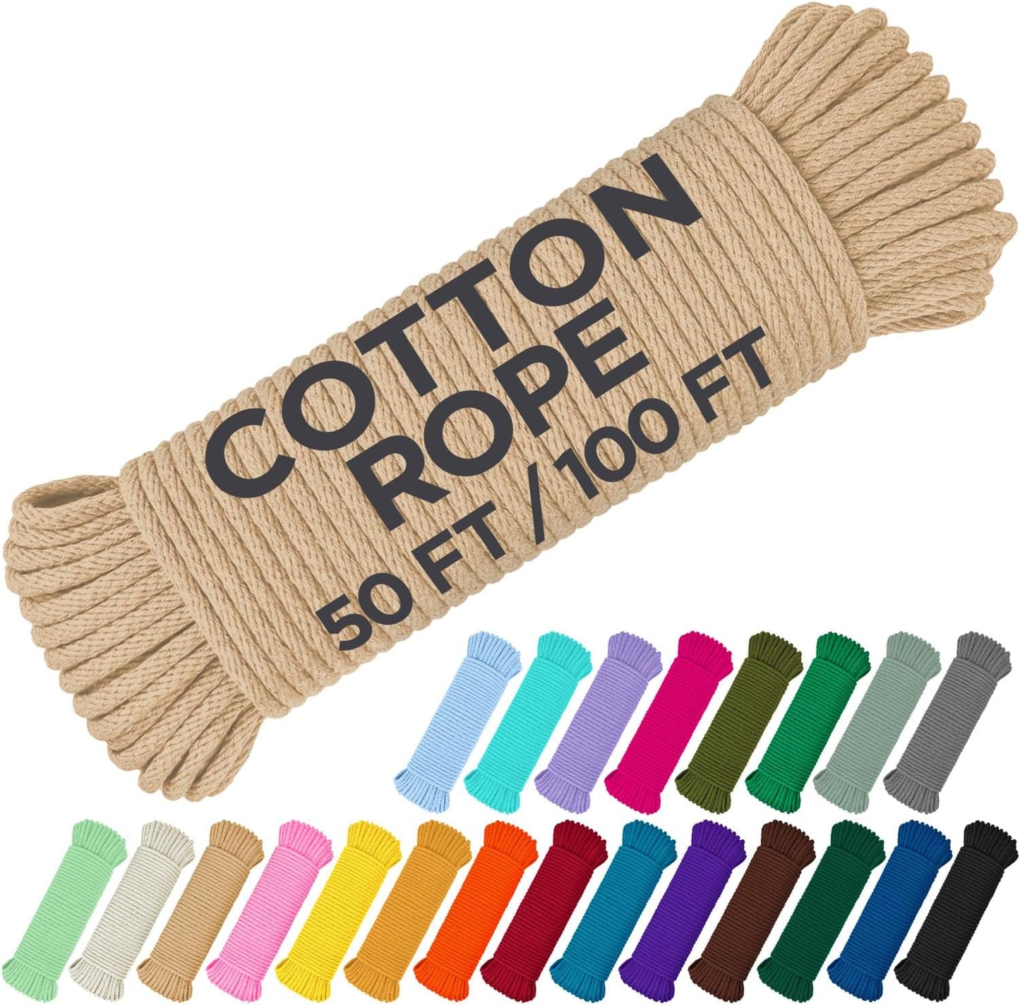 TECEUM Cotton Rope 3/16” (5 mm) – 50 FT – Strong All-Purpose Braided Rope – Natural Cotton – for Crafting, Сamping, Clothes Line, DIY, Indoor & Outdoor Use – Beige