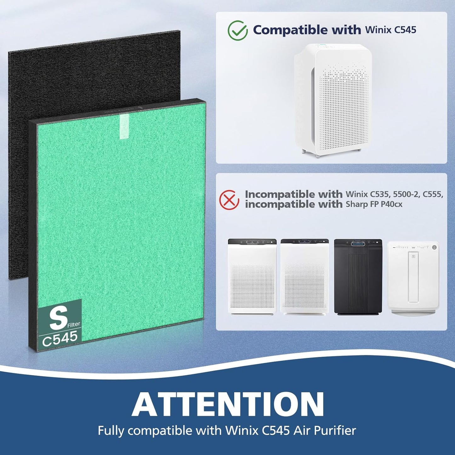 2 Pack C545 HEPA Pollen Replacement Filter S Compatible with Winix C545 Air Purifier, Replaces Part 1712-0096-00 and 2522-0058-00, 2 HEPA Filter + 8 Activated Carbon Filters, Green