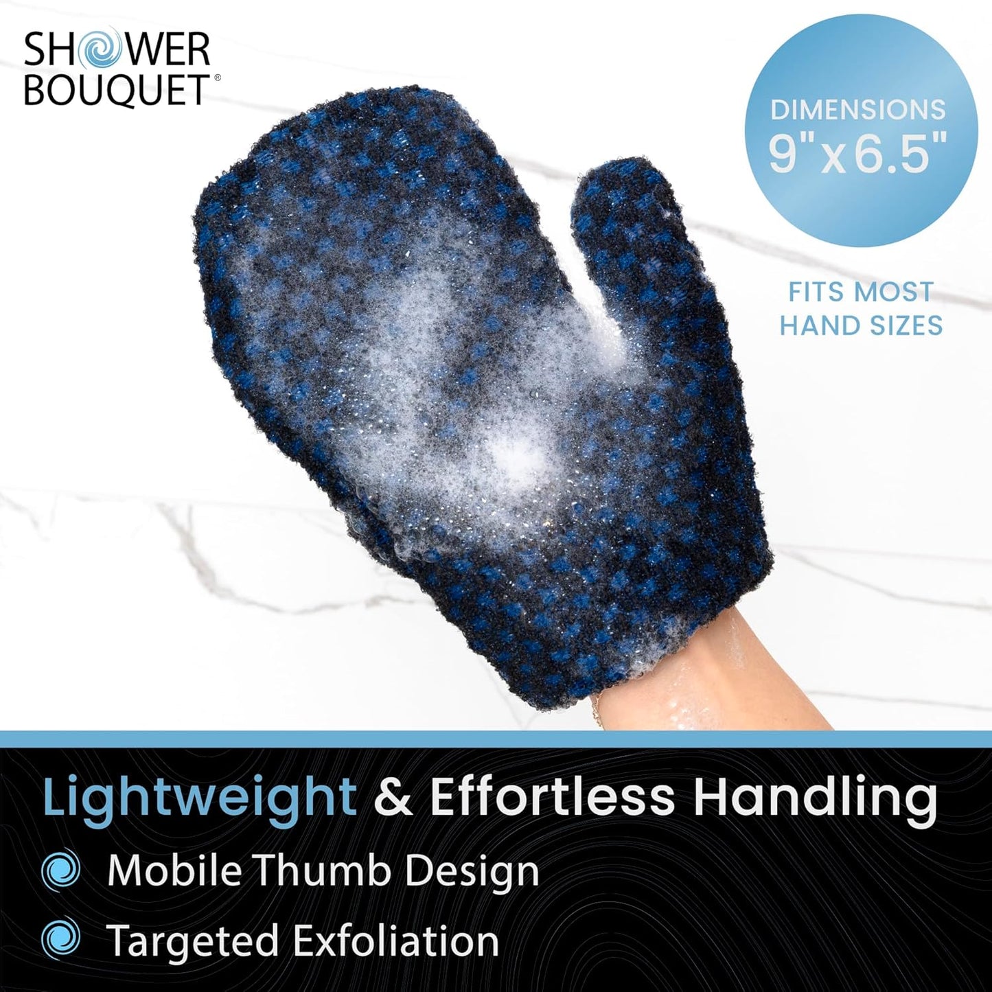 Japanese Exfoliating Mitt for Shower [1-Pack, Blue] - Charcoal & Silver Ion Exfoliating Glove - Gentle Exfoliation & Deep Cleansing Shower Mitt - Exfoliating Body Scrubber Glove, Soft Fabric Inside