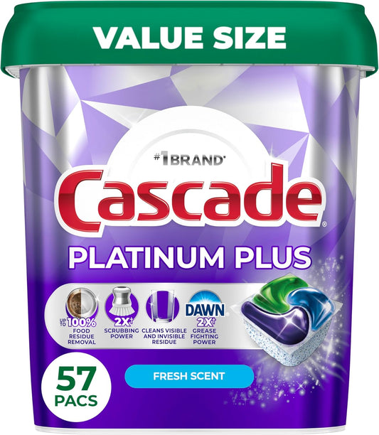 Cascade Platinum Plus Dishwasher Pods, Dishwasher Detergent, Dish Detergent Soap, Fresh, 57 Count