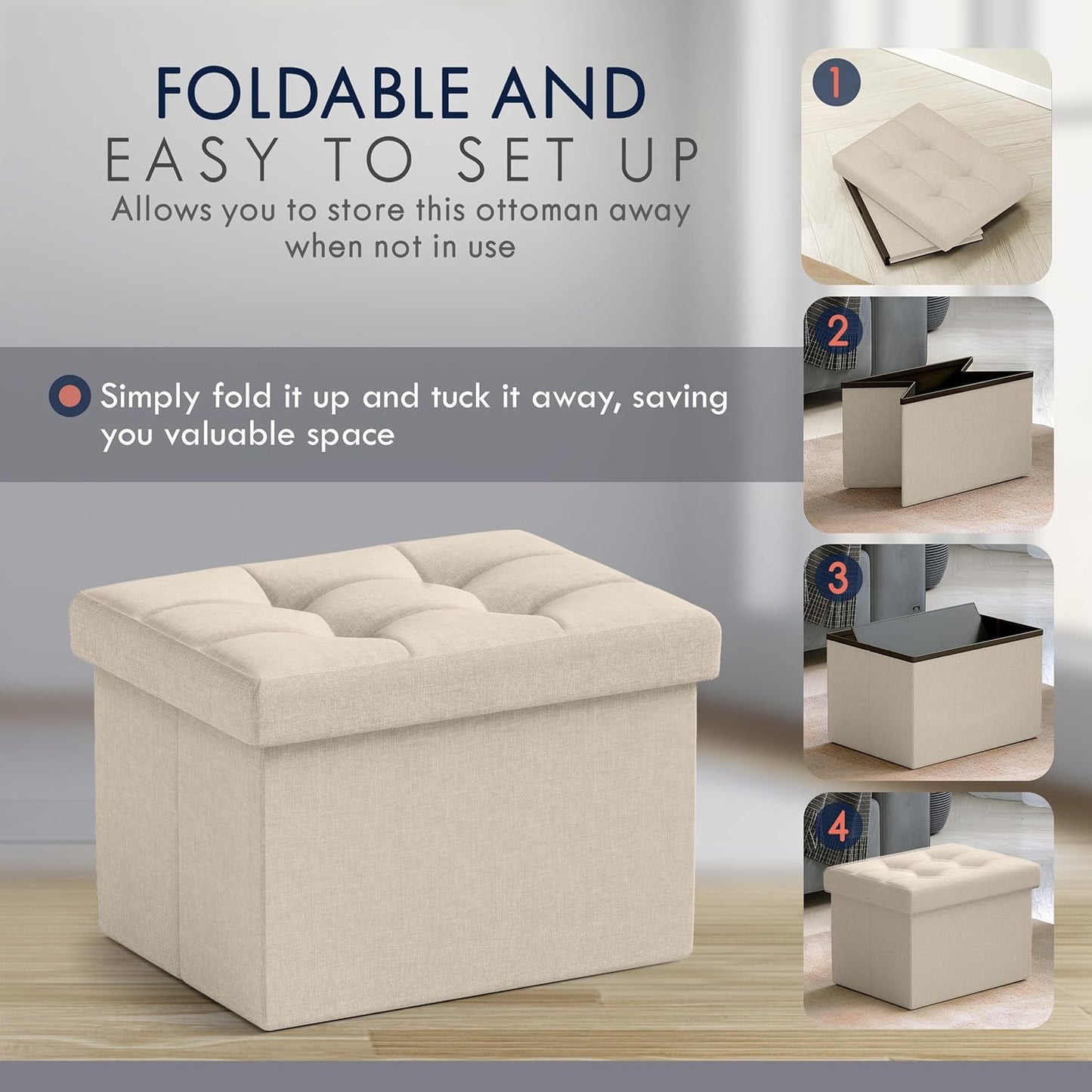 Ornavo Home Small Storage Ottoman, Set of 2, Foldable Collapsible Rectangle Linen Ottoman Foot Rest Stool Seat, for Living Room, Bedroom, Home Office, Dorm - 12 x 16 x 12, Beige