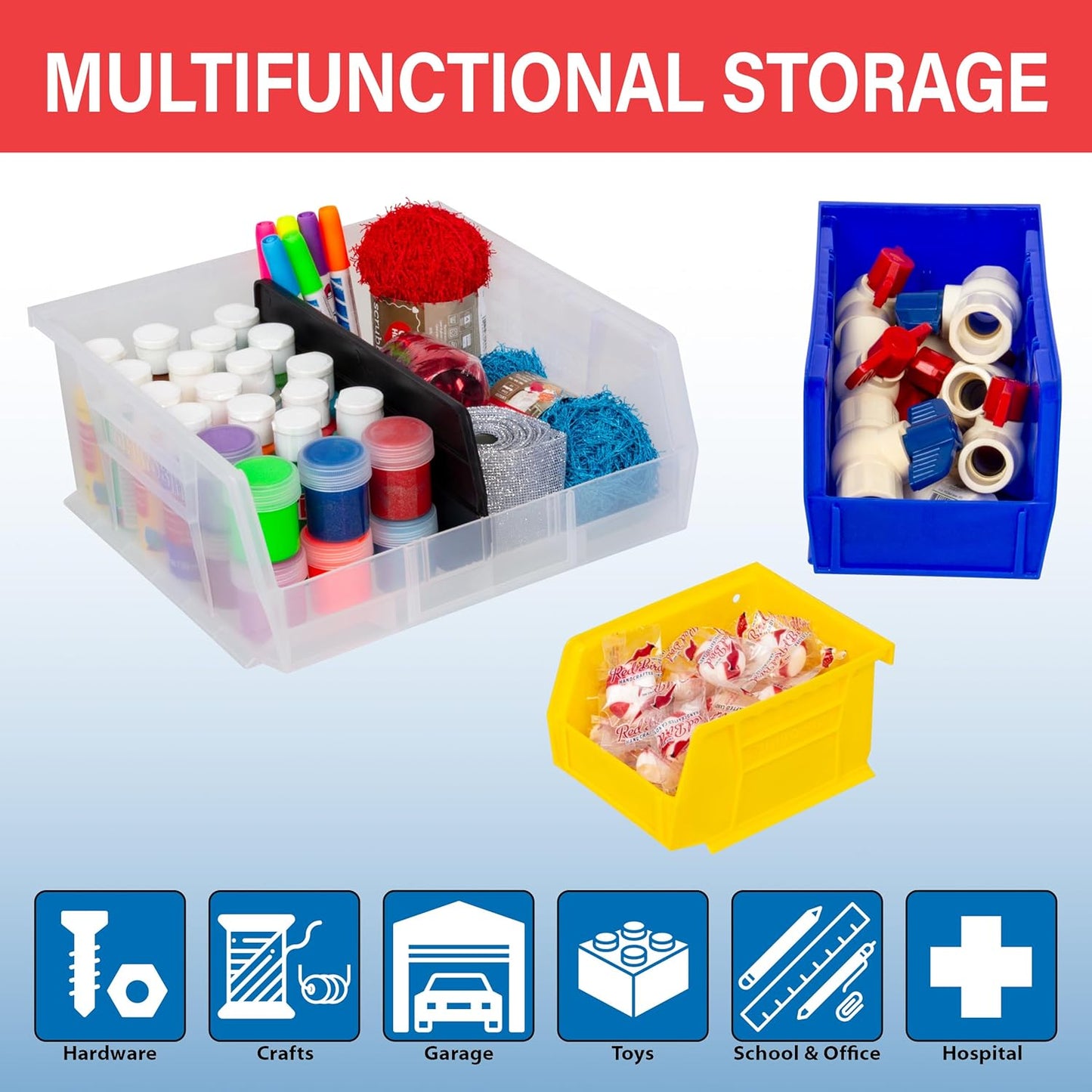 Akro-Mils 30240 AkroBins Plastic Storage Bins, Space-Saving Stackable Bins for Garage, Pantry, Craft Organization, 15" x 8" x 7", Black, 12-Pack