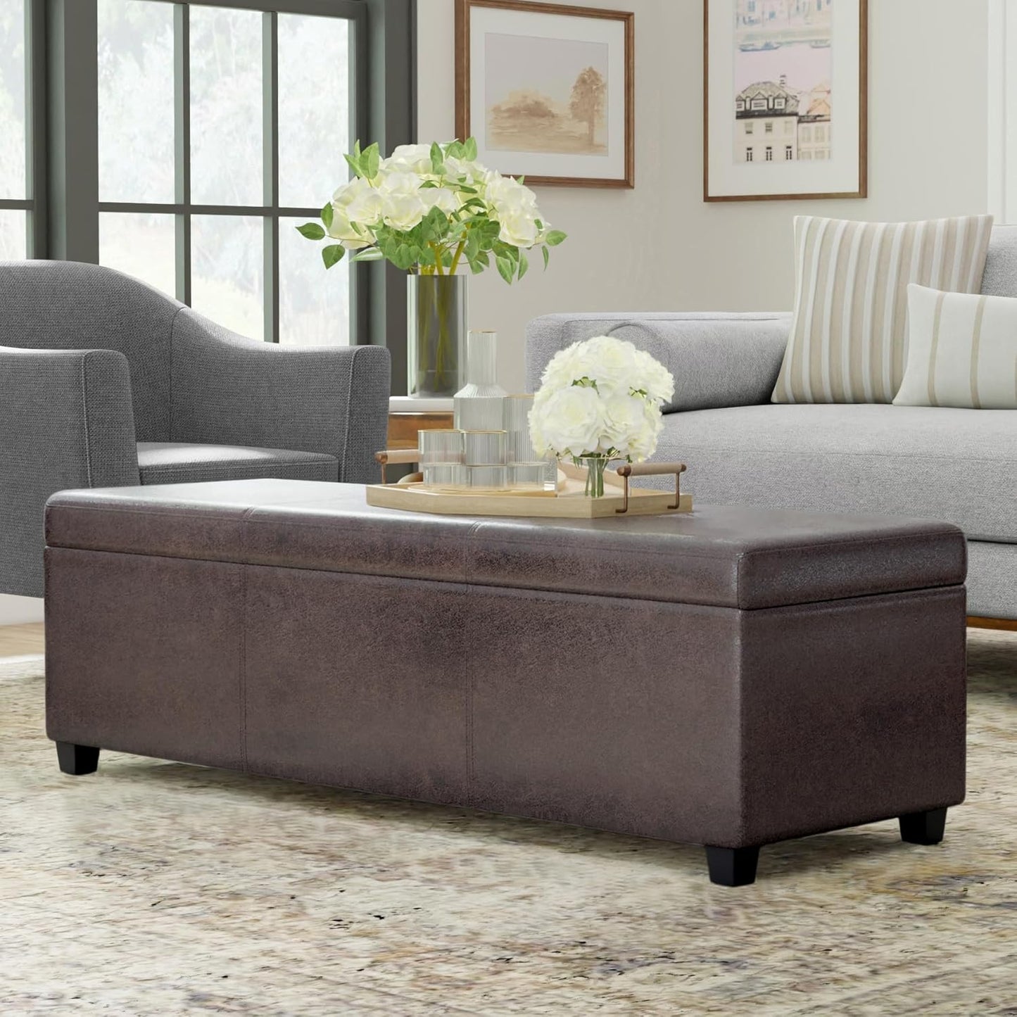 SIMPLIHOME Avalon 54 inch Wide Contemporary Rectangle Extra Large Storage Ottoman Bench in Distressed Brown Vegan Faux Leather, Assembled, for The Living Room, Entryway and Family Room
