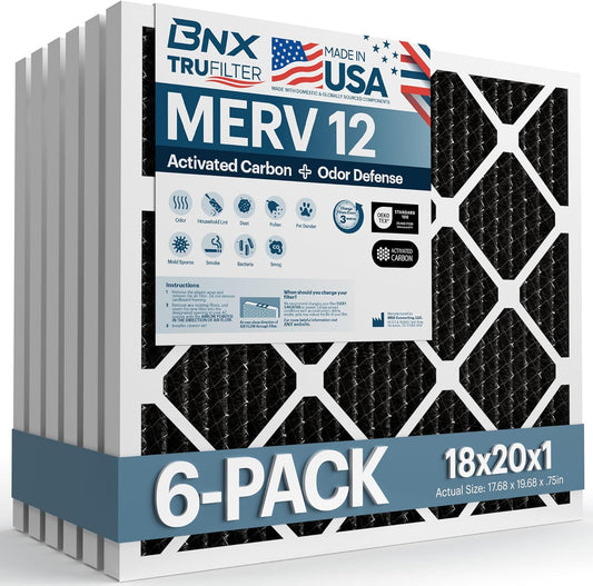 BNX TruFilter 18x20x1 MERV 12 Odor Defense (6-Pack) AC Furnace Air Filter with Activated Carbon - MADE IN USA - Pleated Air Conditioner HVAC AC Furnace Filters - Removes Odor, Mold, Bacteria, Smoke