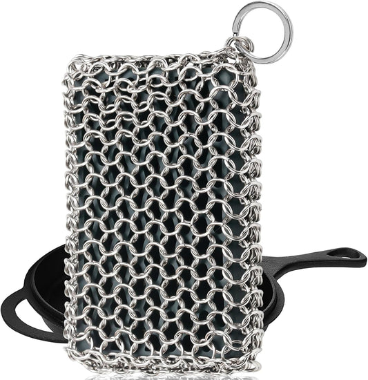 Herda Chain Mail Cast Iron Cleaner Scrubber,316 Chainmail Pan Scrubber Metal Cleaning Brush, Pad, Sponge Scraper to Clean Skillet,Dutch Oven, Wok,Grill Griddle,Chain Link Scrub Brush Pot Care Kit