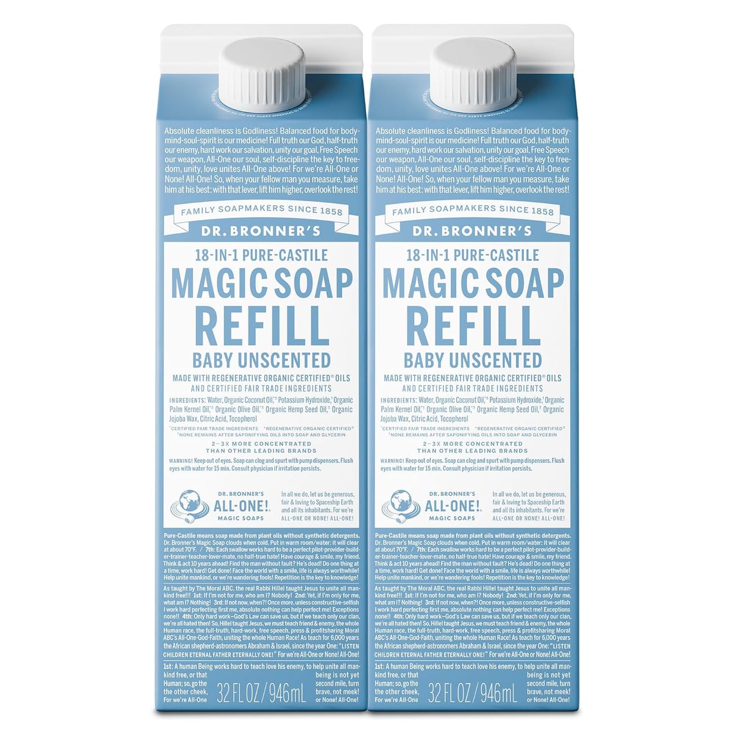 Dr. Bronner's Magic Soap-Pure-Castile Liquid Refill (Baby Unscented, 32 ounce, 2-Pack) - Made with Regenerative Organic Certified Oils, For Body, Hair, Laundry, Pets & Dishes, Concentrated, Vegan