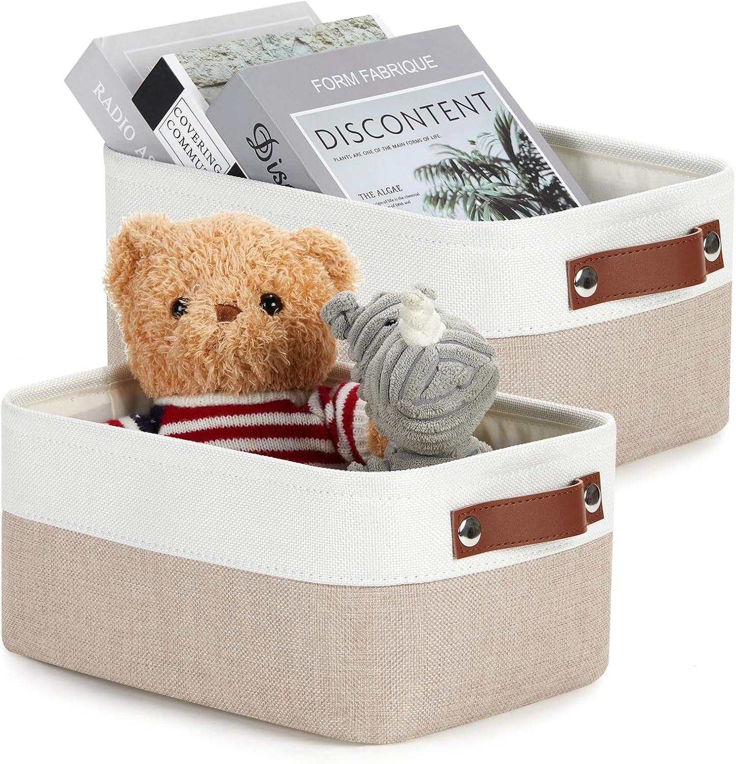 DULLEMELO Collapsible Fabric Storage Bins - Set of 2, 11.8x7.9x5.1 Inch, White & Khaki