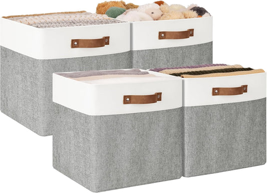 StorageWorks 13x13 Inches Storage Cube, Fabric Storage Bins with PU Handles, Collapsible Organizer Baskets for Closet, Gray and White, 4-Pack