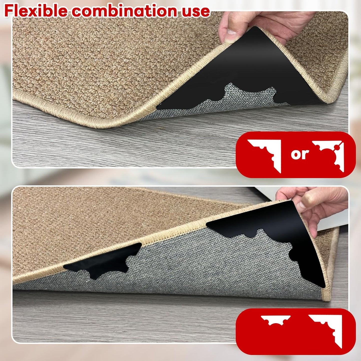 Rug Non Slip Grippers, Reusable Keep Rug Corner Down Tape Pads for Hardwood Floors, Strong Carpet Gripper for Area Rugs, No Damaging for Floor, 24Pcs