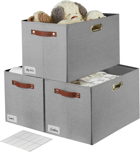 3-Pack Foldable Fabric Storage Bins with Durable PU & Metal Handles, Collapsible Storage Baskets for Shelves, Home Storage, Closet Organizers, Living Room(17"x11.8"x11.8", Grey)