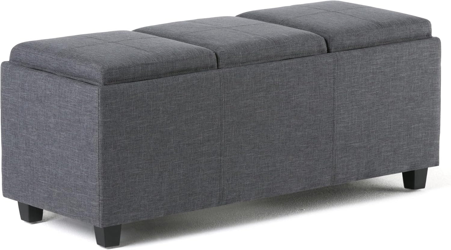 SIMPLIHOME Avalon 42 Inch Wide Contemporary Rectangle Storage Ottoman in Slate Grey Linen Look Fabric, Assembled, For the Living Room, Entryway and Family Room