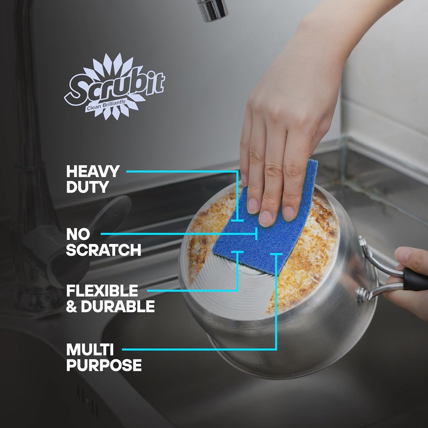 SCRUBIT 50 Pack Scouring Pad - Heavy Duty Scrub Pads for Cleaning Dishes - Non-Scratch Reusable Scrubbing - Blue