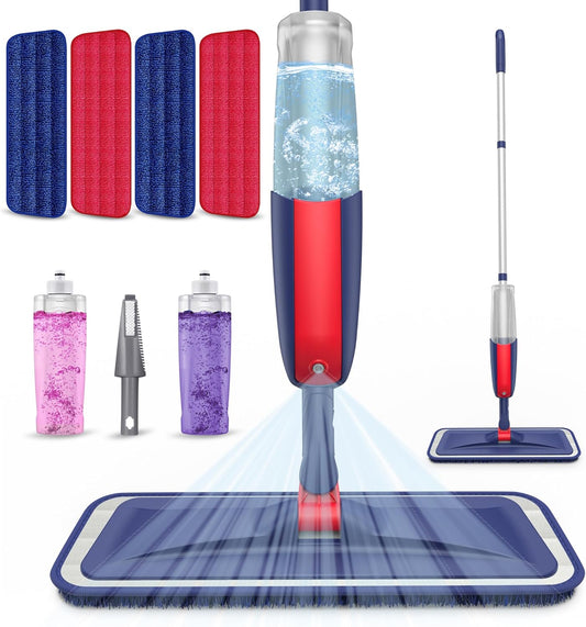 Wet Dust Mops for Hardwood Floor Cleaning - MEXERRIS Spray Mops with 4X Reusable Washable Pads 2X Bottles Microfiber Wood Floor Mop Home Commercial Use for Hardwood Wood Laminate Ceramic Tiles