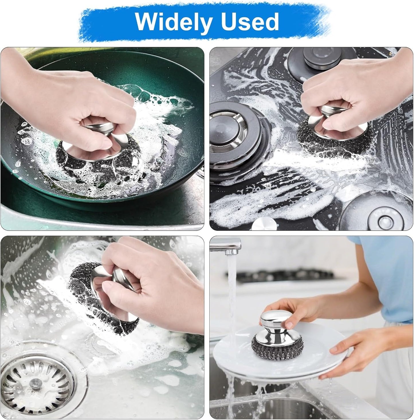 7PCS Steel Wool Scrubber Pads, Stainless Steel Scrubber Set with 1PCS Handle, Metal Scrubbers for Cleaning Kitchen and Household, Dishes, Stoves, Grill, Wash Sink, Pots