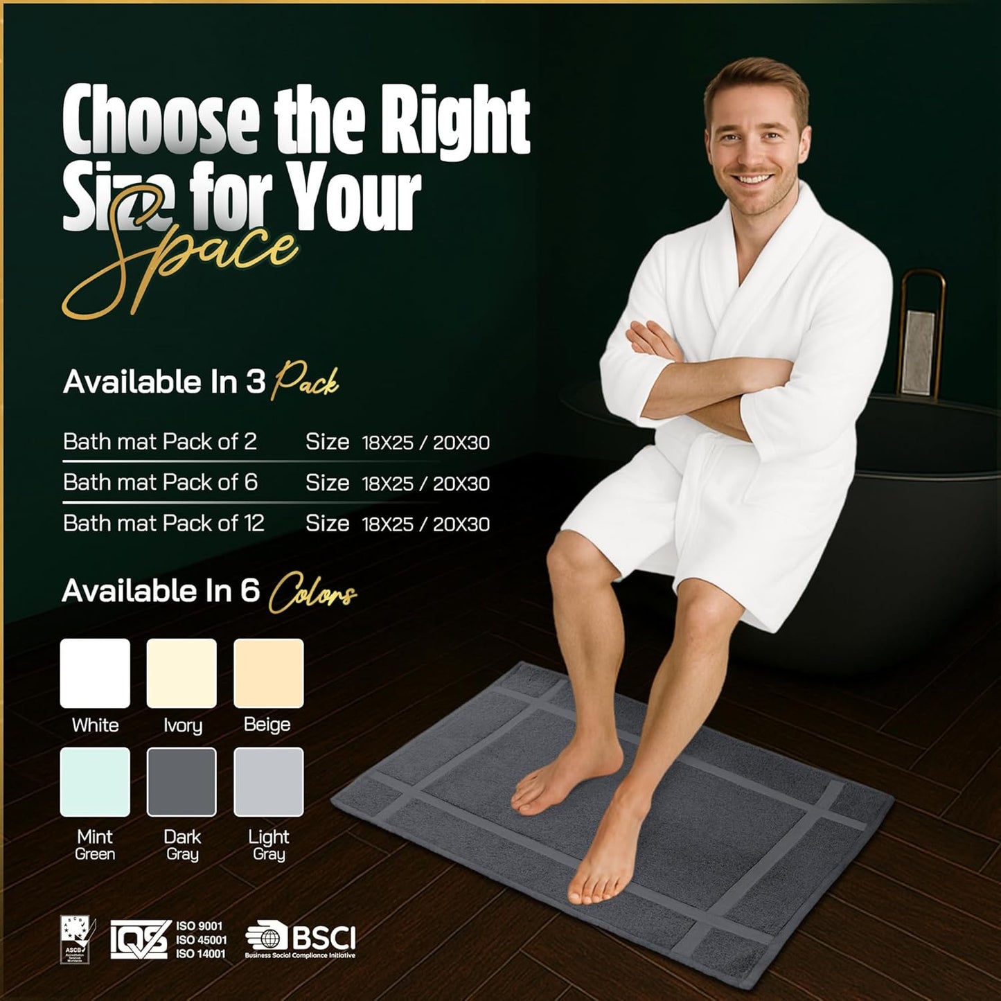 Pearl Linens Pack of 2 Washable Cotton Bath Mat 18x25 - Soft & Absorbent Quick Dry Bathroom Mat Set, Not Bathroom Rugs After Shower Mat, Terry Bath Tub Mat, 687 GSM Dark Grey