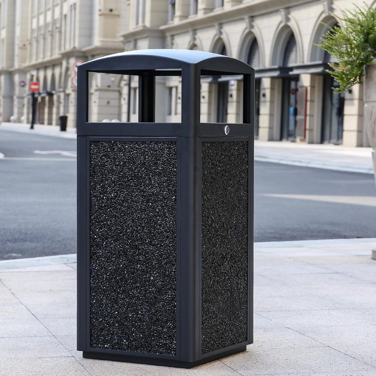 Commercial Metal Outdoor Trash Can with Lid, Lockable Outdoor Garbage Can with Nature Stone Panels, Heavy-Duty Rustproof Trash Bin with Removable Liner for Parks & Public Spaces