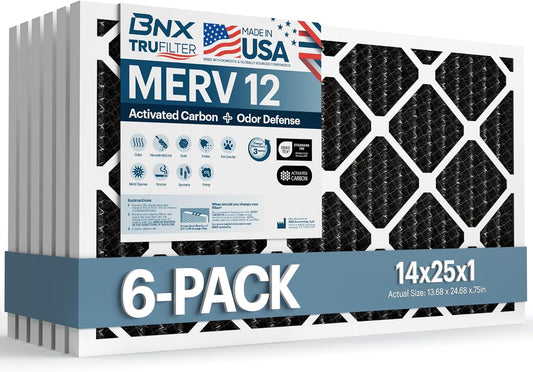 BNX TruFilter 14x25x1 MERV 12 Odor Defense (6-Pack) AC Furnace Air Filter with Activated Carbon - MADE IN USA - Pleated Air Conditioner HVAC AC Furnace Filters - Removes Odor, Mold, Bacteria, Smoke