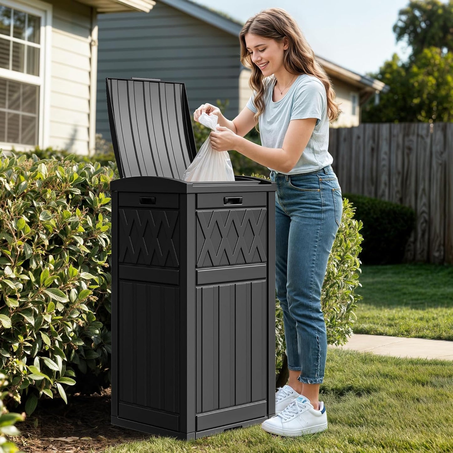 DWVO 36-Gallon Outdoor Trash Can with Fabric Bag, Tiered Lid & Drip Tray, Waterproof Resin Garbage Bin for Patio, Deck, and Backyard, Black