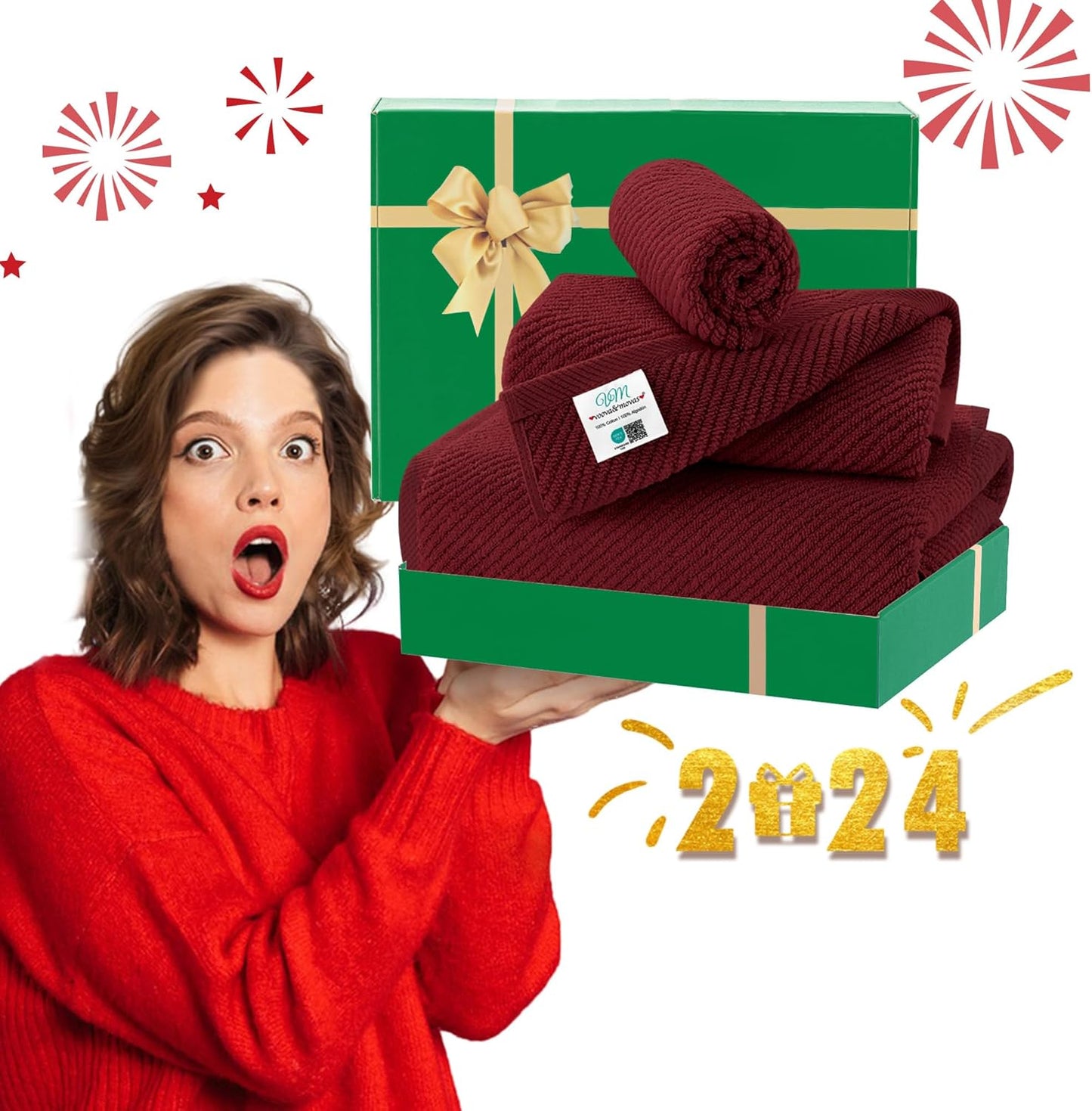 VOOVA & MOVAS 3 Piece Towel Set - 100% Cotton | Quick Dry | Soft | Thick,1 Large Bath 30" x 56", 1 Hand 18" x 28", 1 Wash Cloth 13" x 13", Towels for Bathroom, Bathroom Towels Gift, Burgundy