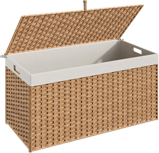HOOBRO Storage Basket with Lid, 52.8 Gallon (200L) Wicker Basket, Handwoven Blanket Storage Basket with Handles, Metal Frame and Soft Lining, Foldable for Bedroom, Laundry Room, Natural NL220CW01