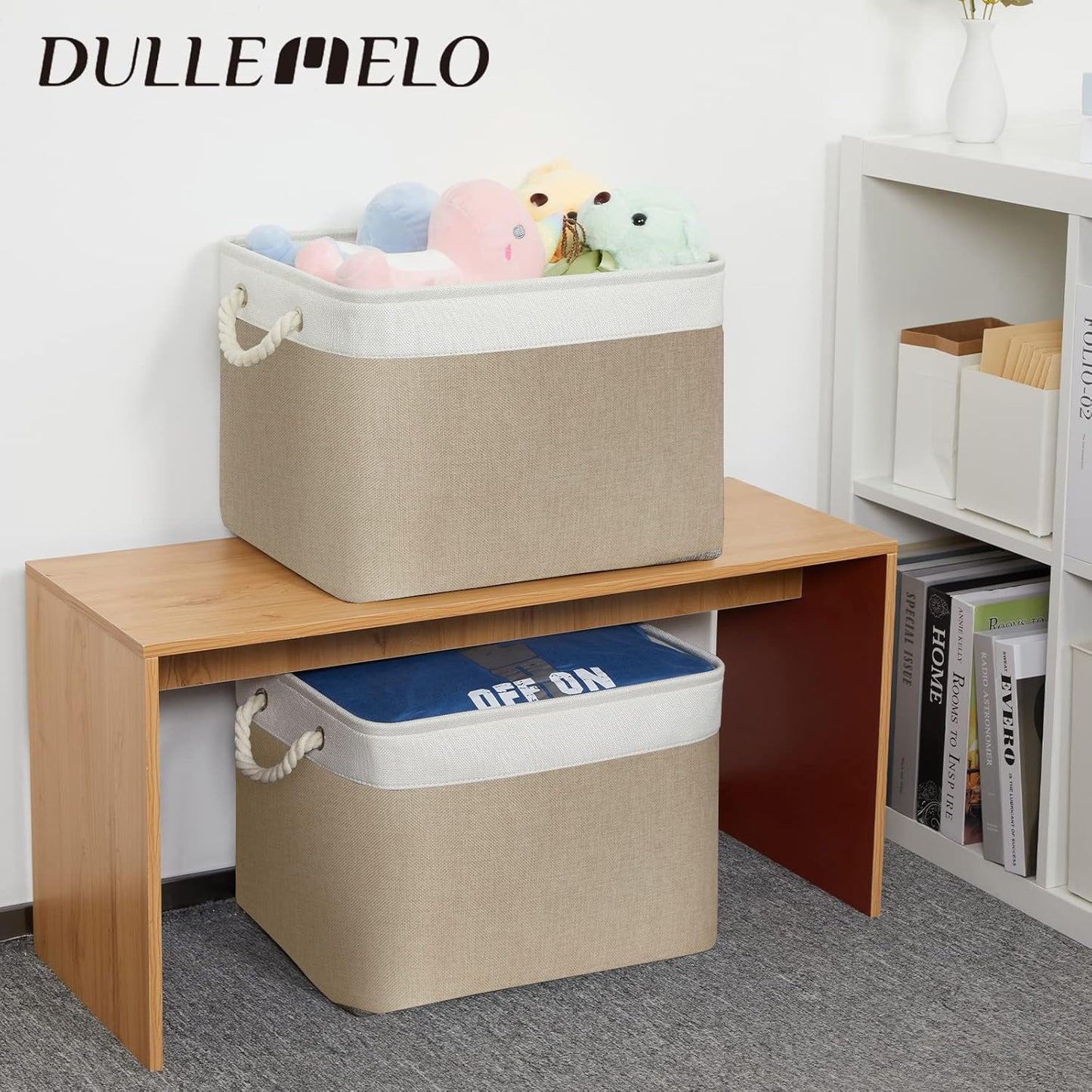 DULLEMELO Storage Baskets Large 16"x12"x12" Tall Rectangular Baskets Fabric Storage Bins for Organizing, Collapsible Shelf Baskets Boxes for Closet, Clothes, Toys (2 Pack,White&Khaki)