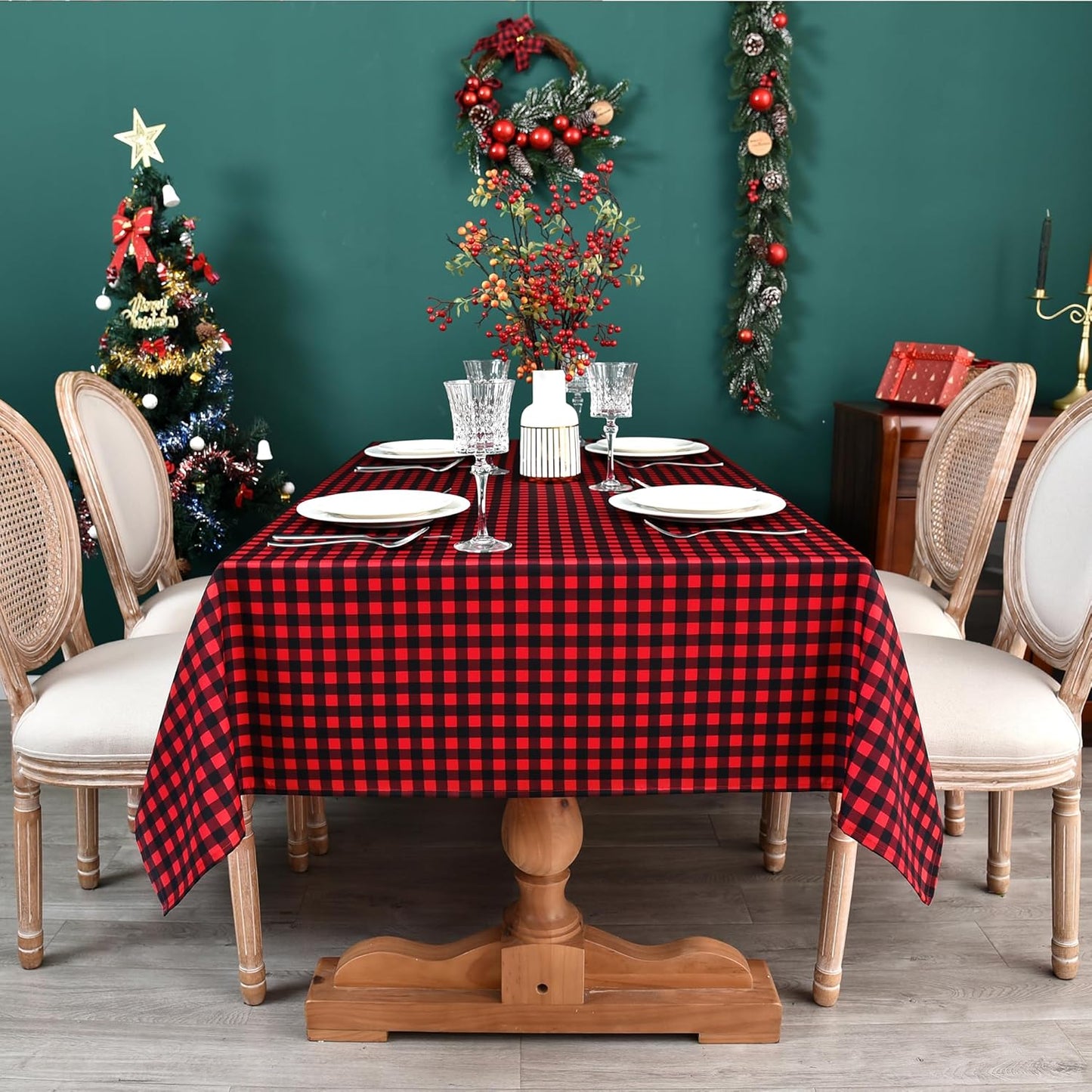 Classic Gingham Buffalo Xmas Tablecloth Fabric - Oblong 58x144 Inch Water Proof Checkered Table Cloth for Indoor Outdoor - Red Christmas Plaid Table Cover for Christmas, Holiday, New Year