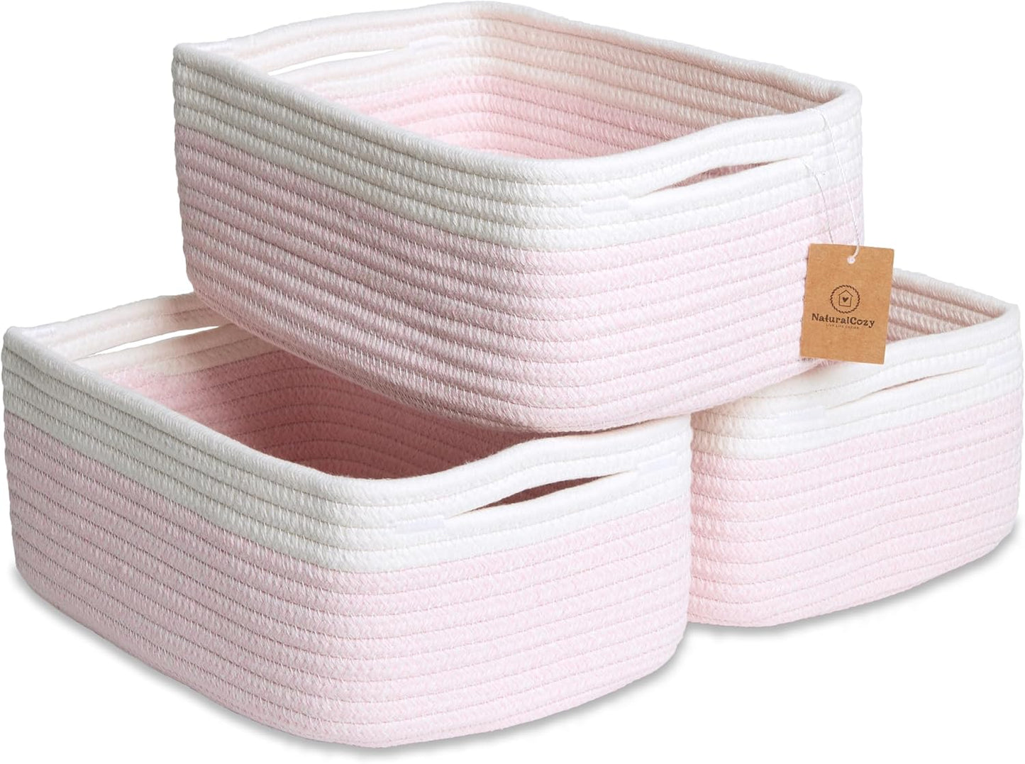 NaturalCozy 11.8"x8"x4.5” Rectangle Storage Baskets for Shelves 3 Pack | Cotton Rope Woven Small Baskets for Organizing | Small Storage Bins for Nursery, Bathroom, Closet, Shelf, Decorative, Gift