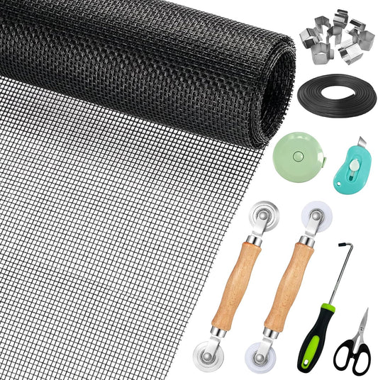 Window Screen Replacement,Screen Door Repair Kit, 59"x158" Black Window Screen Mesh,Including 50 FT Splines+Hooks+2 Rollers+8 Clips+Scissors+Knife+Tape Measure,Fully Equipped Window Screen Repair Kit