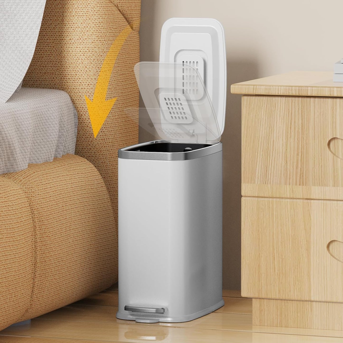 Stainless Steel Bathroom Trash Can with Lid Soft Close,1.6 Gallon Slim Garbage can,Small Metal Step Wastebasket for Office, Bedroom, Toilet, White