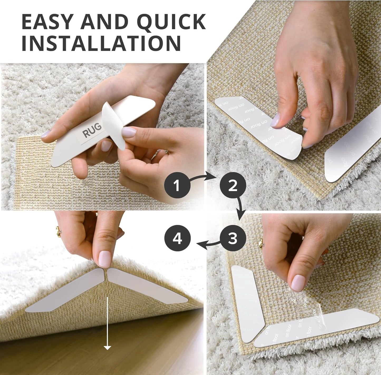 X-Protector Rug Tape - 16 Pcs Set - White Anti-Slip & Anti-Curling Carpet Tape for Hard Floors - Premium Rug Pad Gripper - Ideal Carpet Corner Grippers to Keep Your Carpet in Place & Make Corners Flat