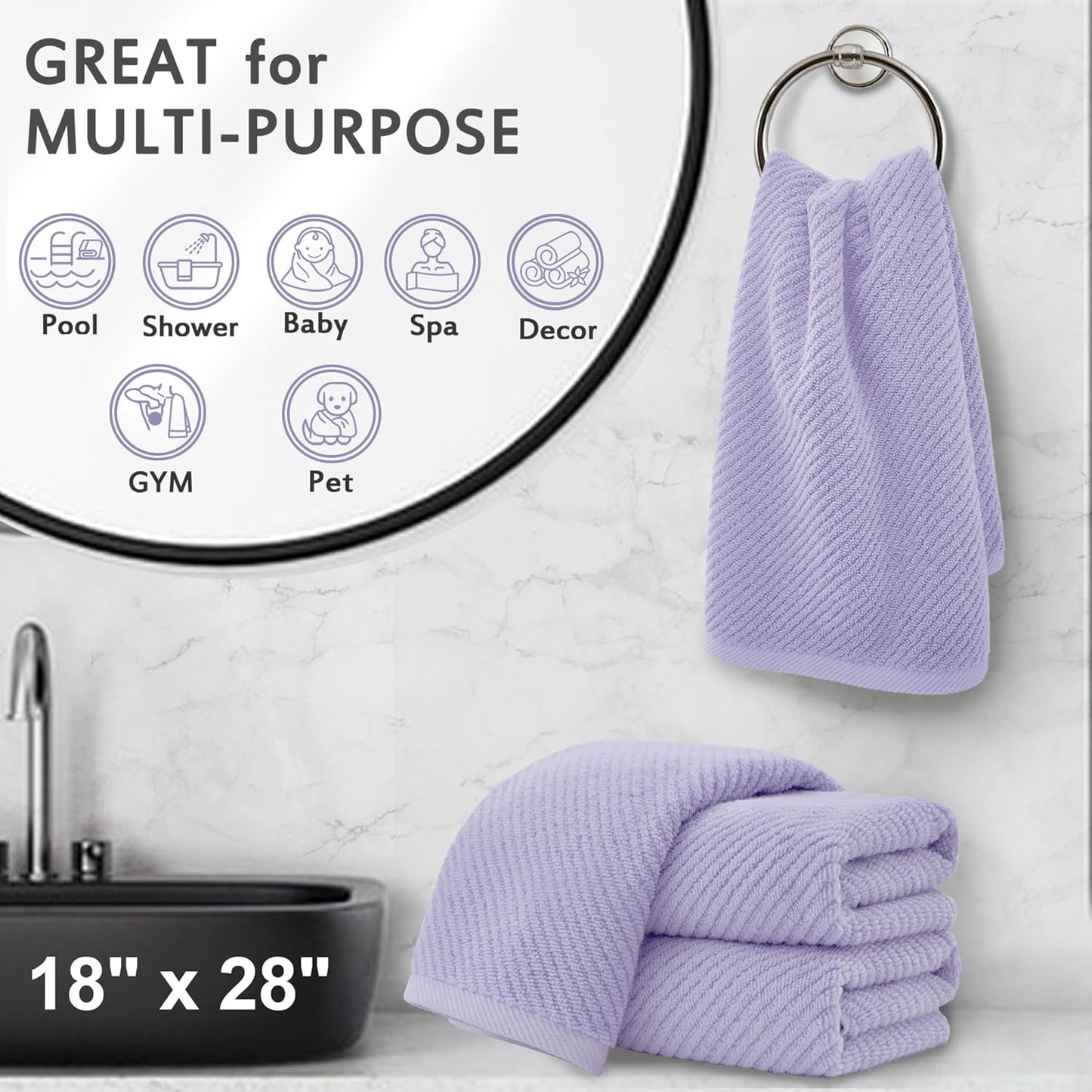 VOOVA & MOVAS Purple Hand Towels, 4PC Large 18"x 28" - 100% Cotton | Lightweight | Thick | Quick Dry | Soft | Absorbent, Hand Towels for Bathroom, Bathroom Essentials, Lavender
