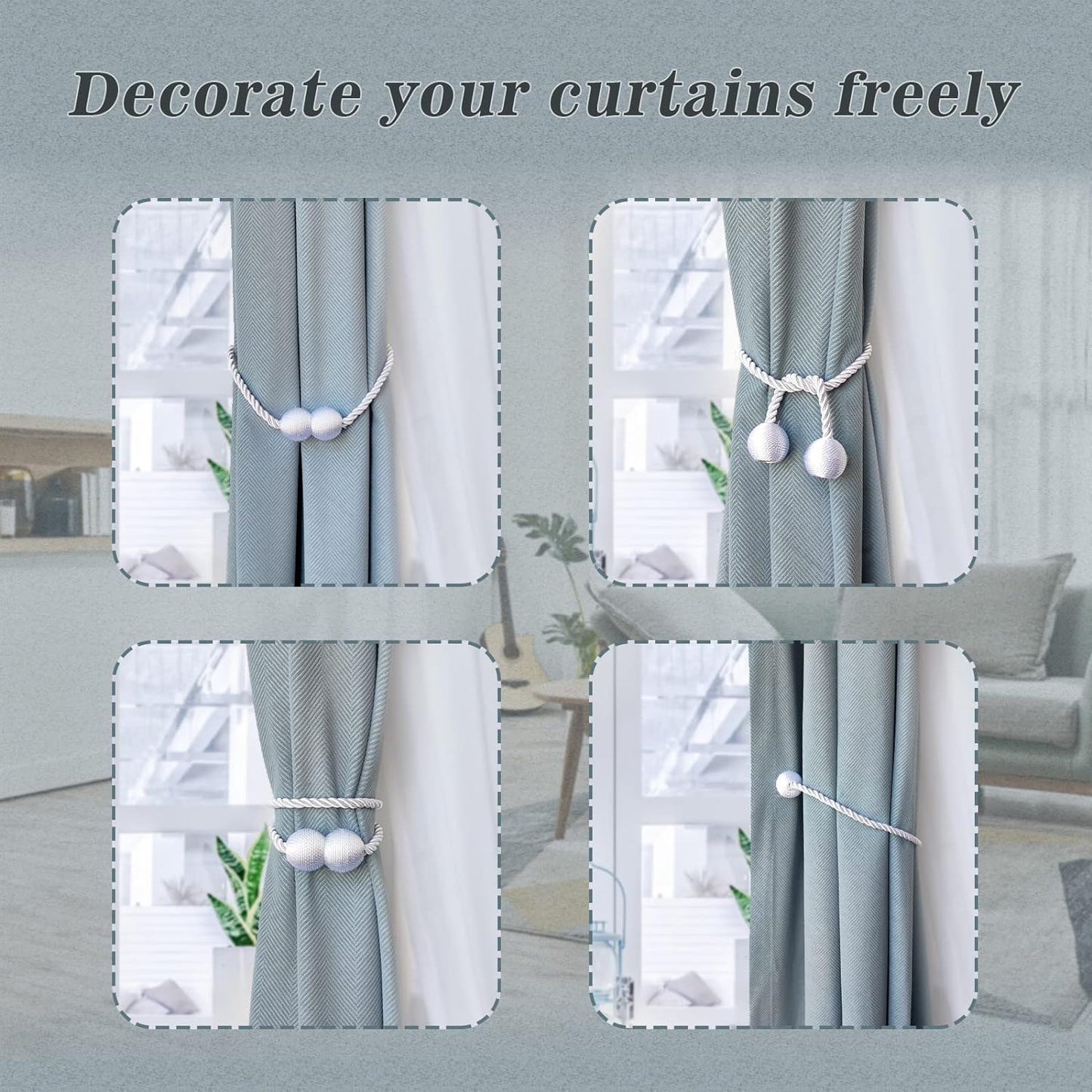 Hion Magnetic Curtain Tiebacks Gray Blue 4 Pack, Curtain Tiebacks Buckles Holdbacks Holders Hooks Clip for Home Bedroom Office Decorative Thick or Thin Curtain