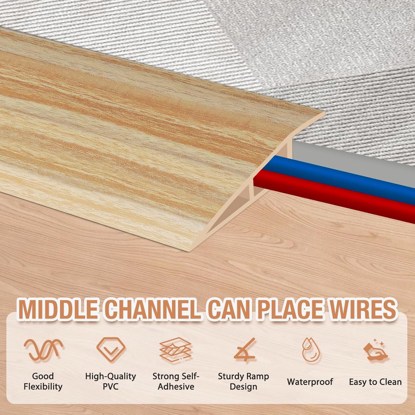 Floor Transition Strip Self Adhesive Vinyl Door Threshold for Doorways Carpet Edging Trim Overlap Edge Reducer for Laminate Floor, Carpet, Tile (Light Yellow Wood Grain, 1/5" to 2/5", 3.3Ft)