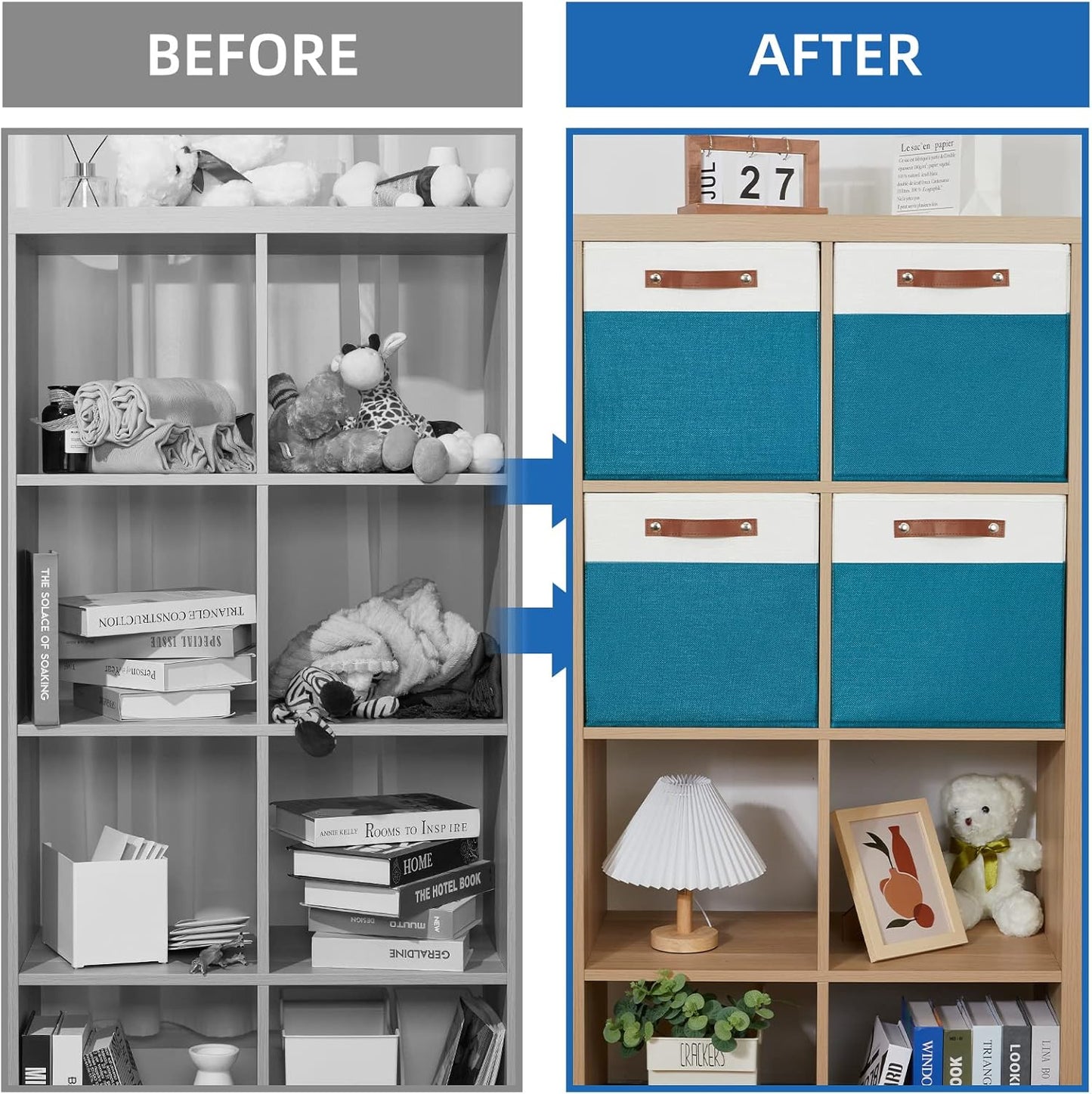 Temary Cube Storage Bins Storage Cube Bins for Home, 4 Pack Fabric Storage Bins for Organization, Storage Cubes 13x13 Cube Baskets with Leather Handles (White&Teal)