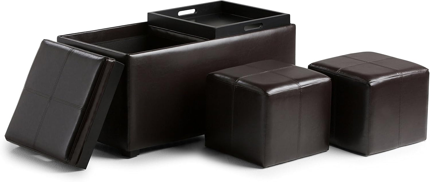 SIMPLIHOME Avalon 35 inch Wide Contemporary Rectangle 5 Pc Storage Ottoman in Tanners Brown Vegan Faux Leather, Assembled, for the Living Room, Entryway and Family Room