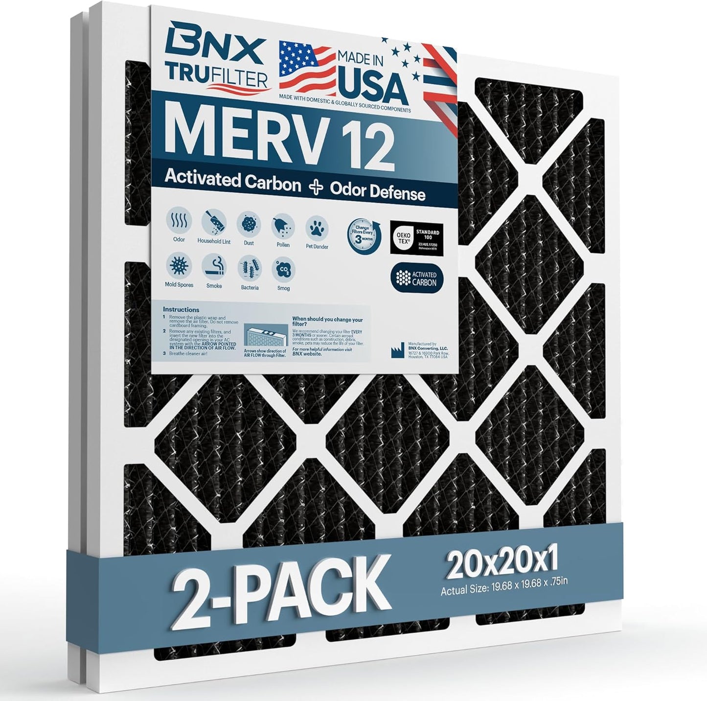 BNX TruFilter 20x20x1 MERV 12 Odor Defense (2-Pack) AC Furnace Air Filter with Activated Carbon - MADE IN USA - Pleated Air Conditioner HVAC AC Furnace Filters - Removes Odor, Mold, Bacteria, Smoke