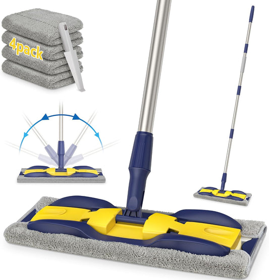 MEXERRIS Microfiber Flat Mop for Hardwood Laminate Tile Floor Cleaning: Stainless Steel Handle - 4 Reusable Flat Mop Refills and 1 Dirt Removal Scrubber Included - Dry Dust Mop Commercial Home Use