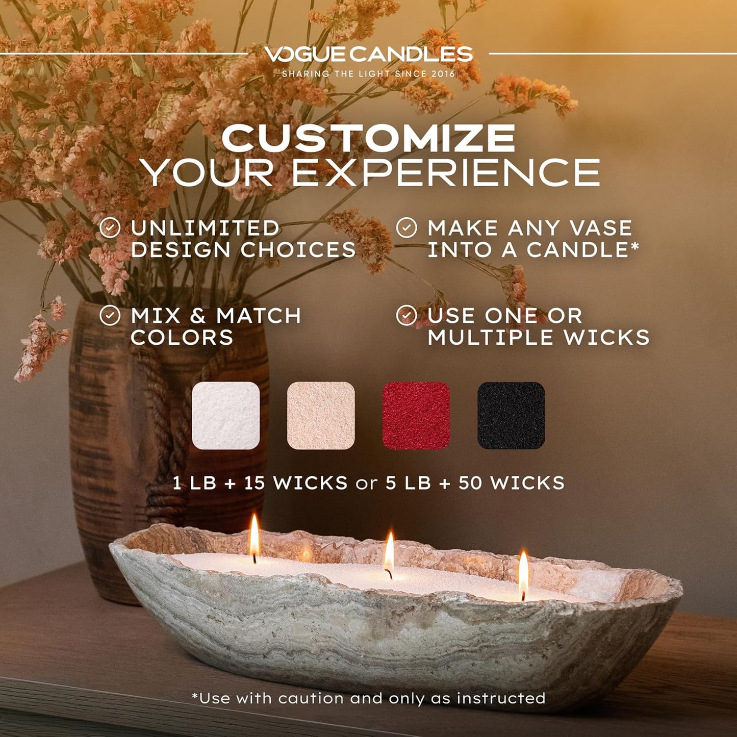 Vogue Candles 5LB Candle Sand with 50 Wicks | Bulk Refillable Plant-Based Granules for Custom Candle Making | Unscented, Clean Burn, Smoke-Free, Vegan Candle Refill Kit- Black