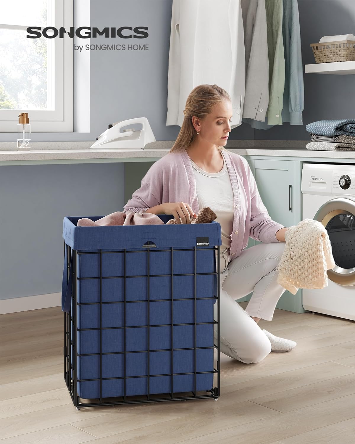 SONGMICS Laundry Hamper, 23.8 Gal. (90L) Laundry Basket, Collapsible Clothes Hamper, Removable and Washable Liner, Metal Wire Frame, for Bedroom Bathroom, Black and Charcoal Blue ULCB190Q01