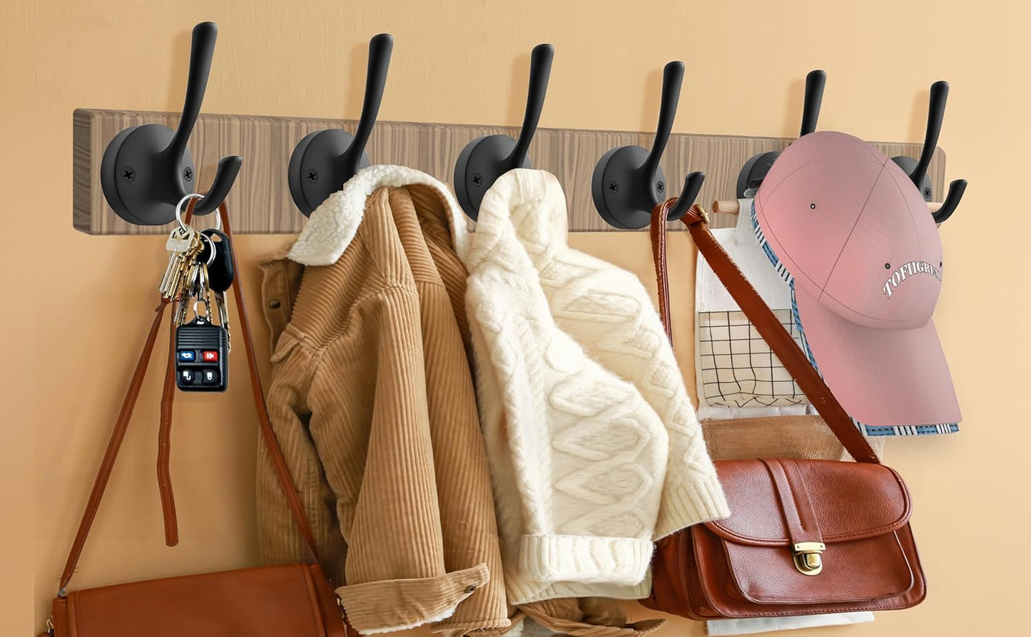 Black Wall Hooks, 6 Pack Coat Towel Hook Heavy Duty Metal Double Bath Robe Hook Wall Mounted, Hat Hooks for Cubicle Bathroom Kitchen Closet Garage