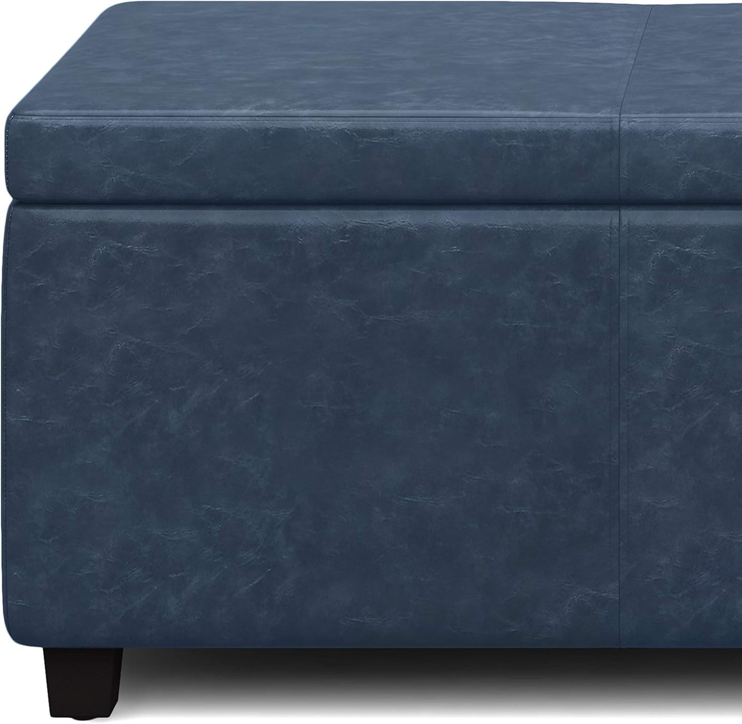 SIMPLIHOME Avalon 48 inch Wide Contemporary Rectangle Storage Ottoman Bench in Denim Blue Vegan Faux Leather, Assembled, For the Living Room, Entryway and Family Room