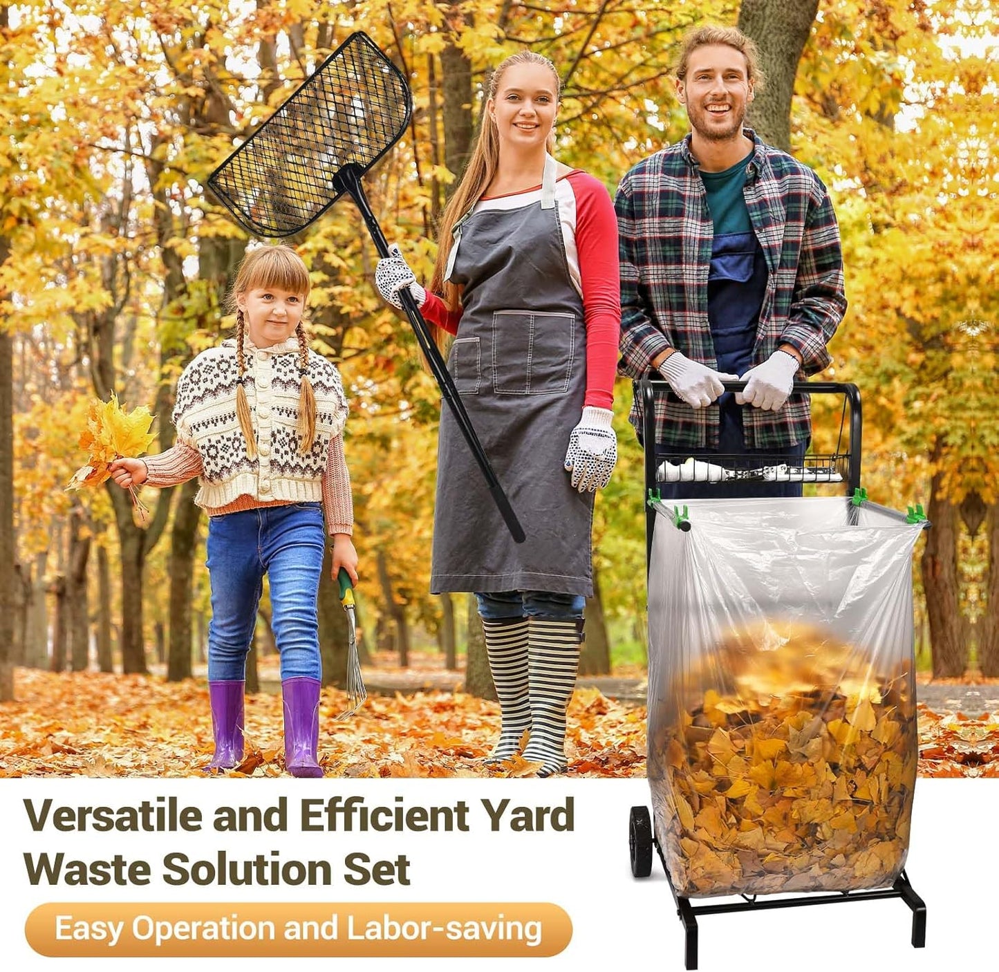 CAROD Mobile Trash Bag Holder with Storage Basket and Ergonomic Handle, Convenient Leaf Bag Cart with Leaves Grabber Rake Combo, Suitable for Leaves, Weeding, Camping, Party