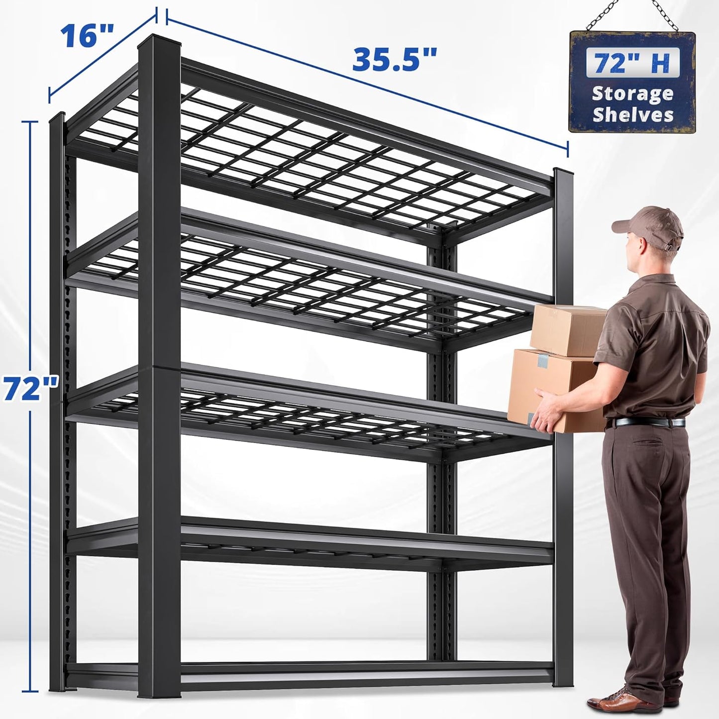 REIBII 3010LBS Storage Shelves 72" H Garage Shelving Heavy Duty Metal Shelving 5 Tier Adjustable Metal Shelves for Storage for Kitchen Pantry Warehouse Basement 72" H x 35.5" W x 16" D, Black